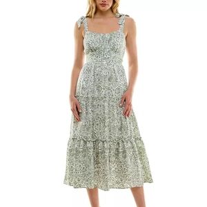 Trixxi Smocked Green & White Tie Strap Tiered Midi Cottagecore Sundress